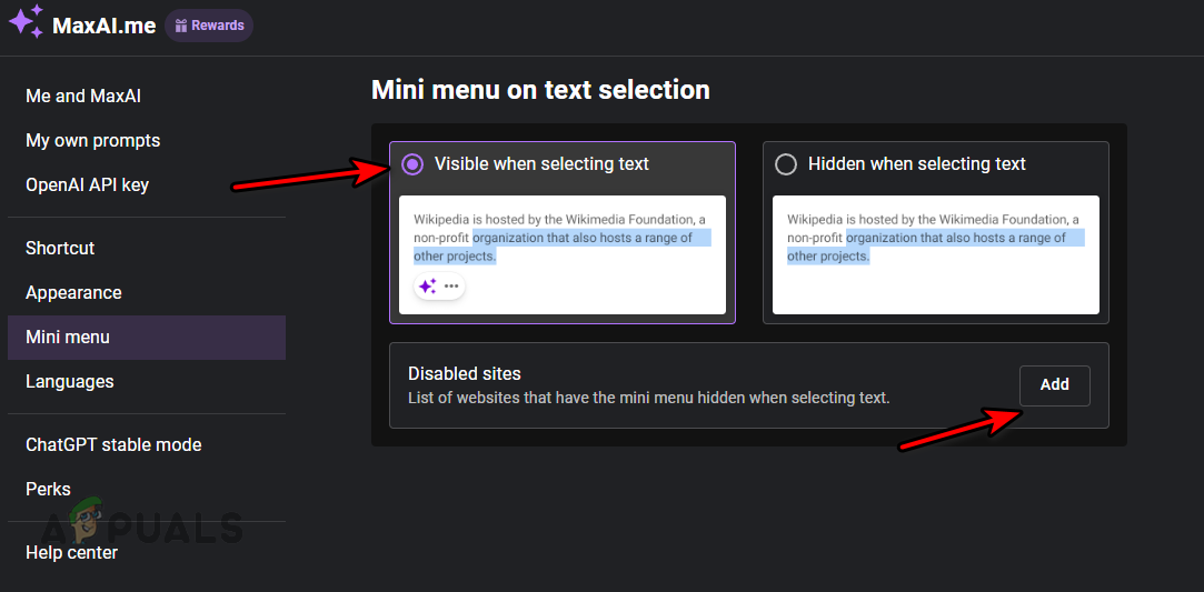 Enable or Disable Mini Menu and Exclude Sites in the MaxAI Extension