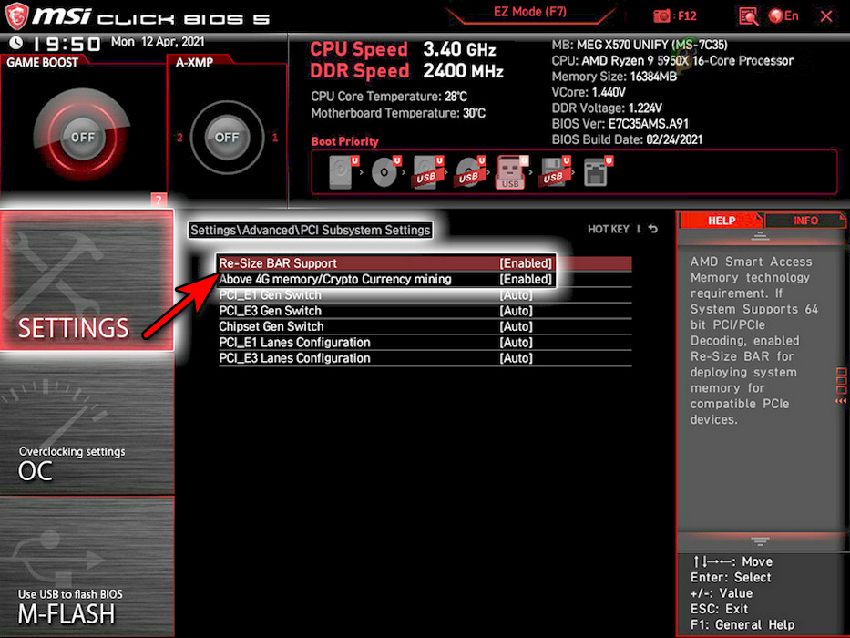 Re-Size BAR Support in the MSI BIOS