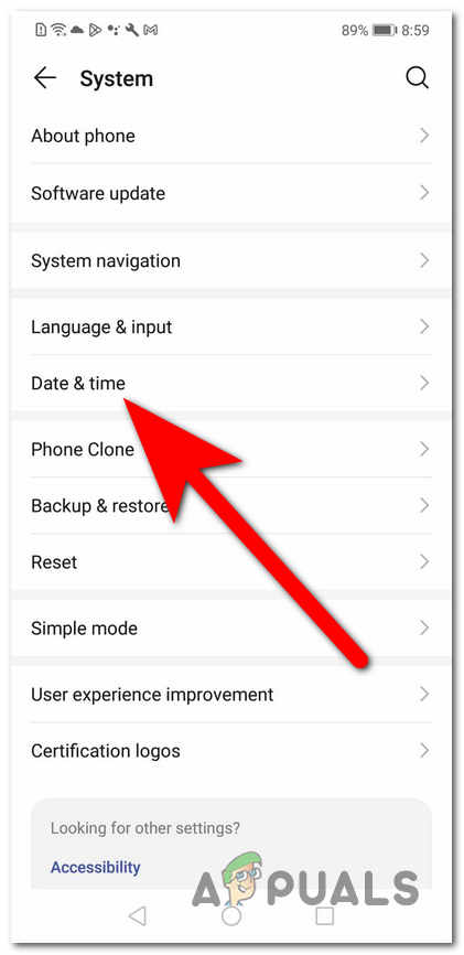 Accessing the Date & time settings