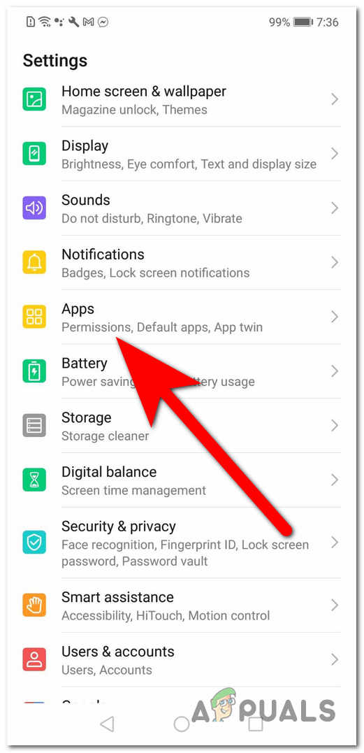 Opening the Apps options