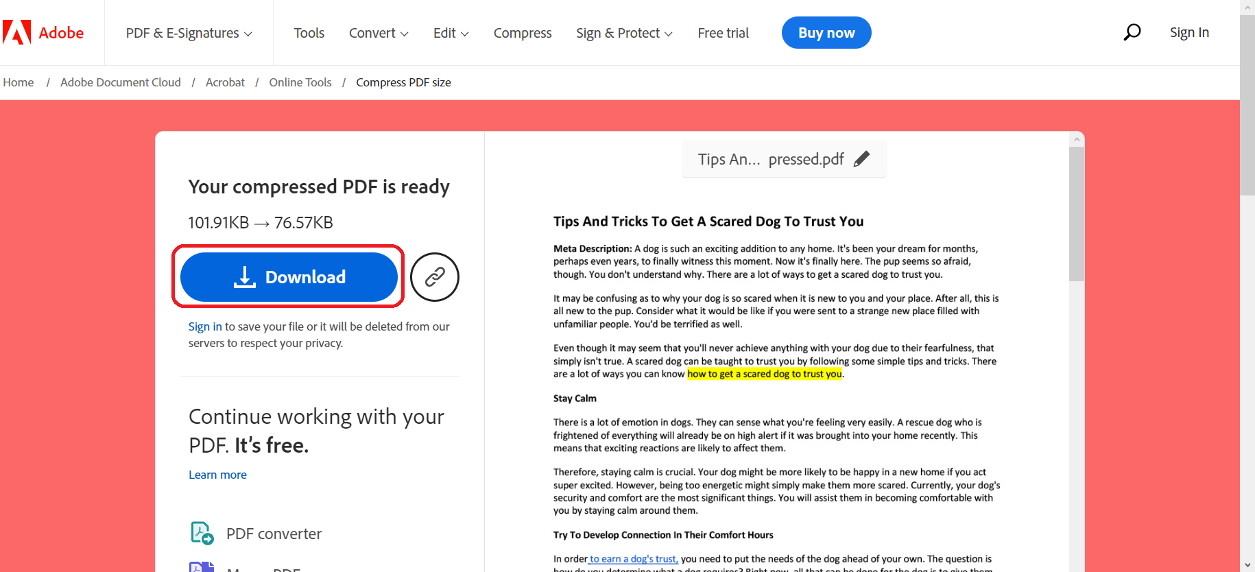 Click Download to save the newly compressed file