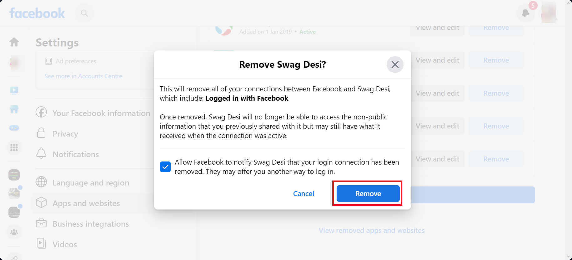 Click Remove to confirm