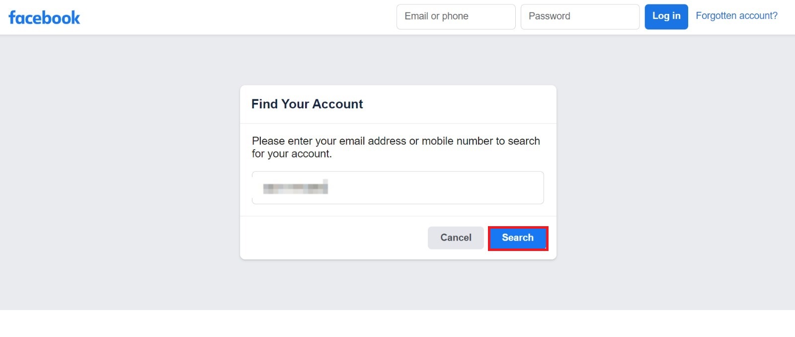 Enter your email or phone number and click Search