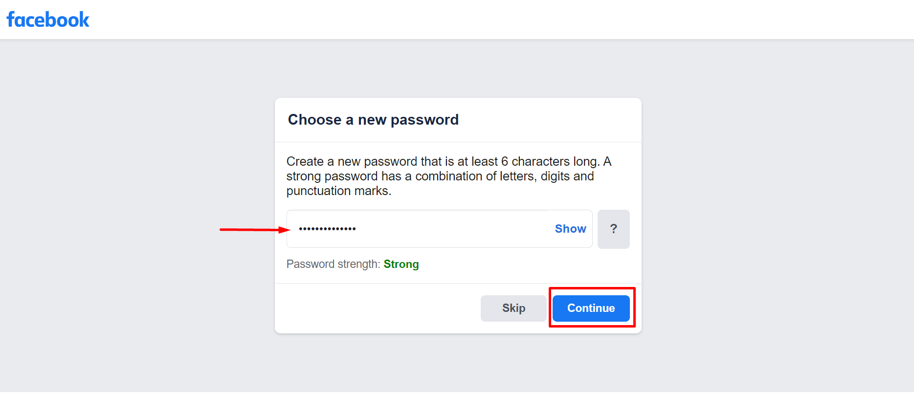 Input your new password and click Continue