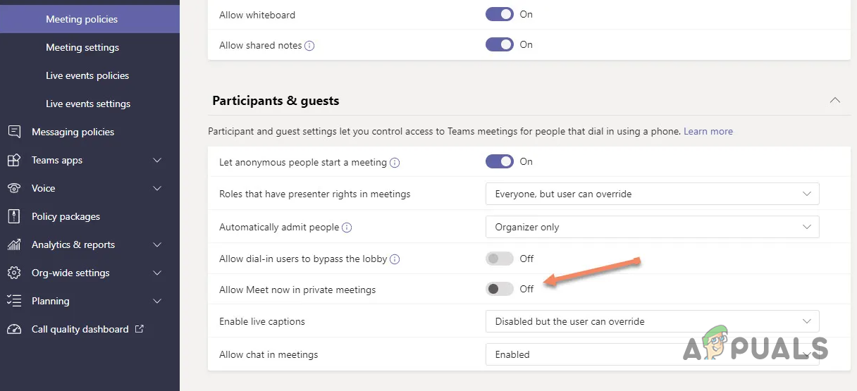Enabling Allow Meet Now in Private Meetings