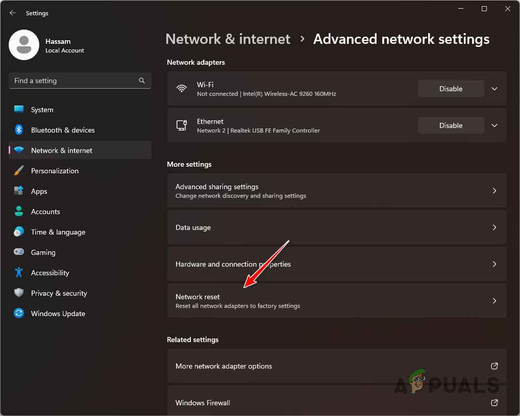 Navigating to Network Reset
