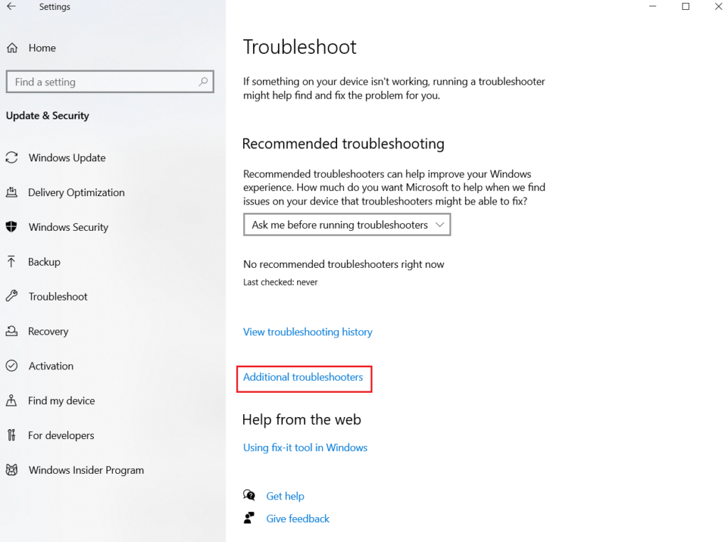 additional troubleshooters windows