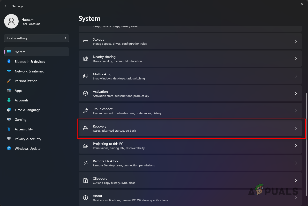 Navigating to Recovery Settings