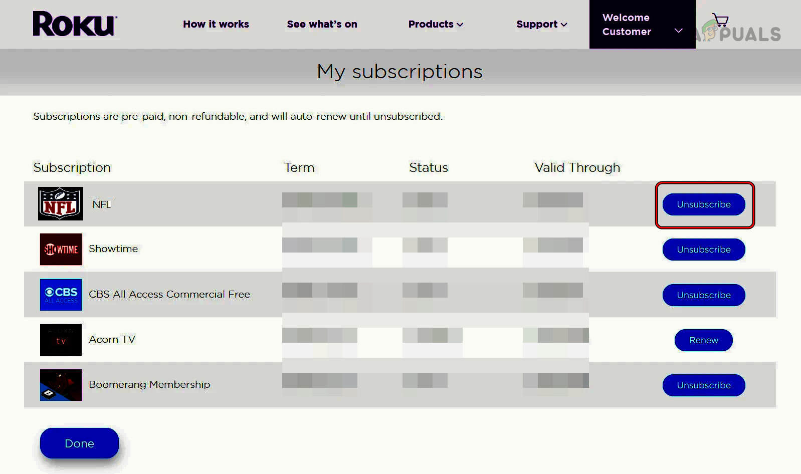 Unsubscribe NFL on Roku