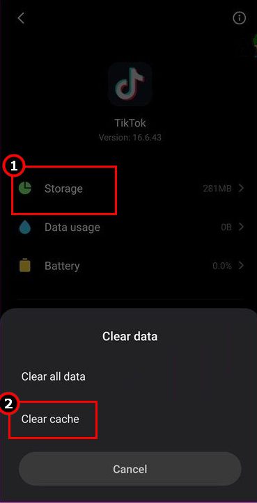 Android app storage page for TikTok showing the Clear cache button.