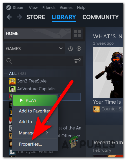 Opening the game's Properties