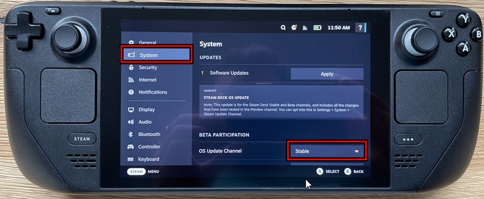 Change the OS Update Channel to Stable for the Steam Deck
