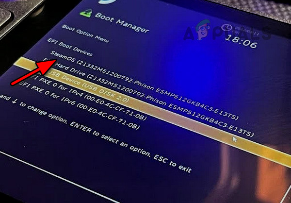 Select the EFI Boot Device with SteamOS on the Steam Deck