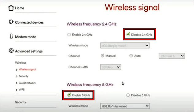 Enable 5 GHz and Disable 2.4 GHz Band in the Router Settings