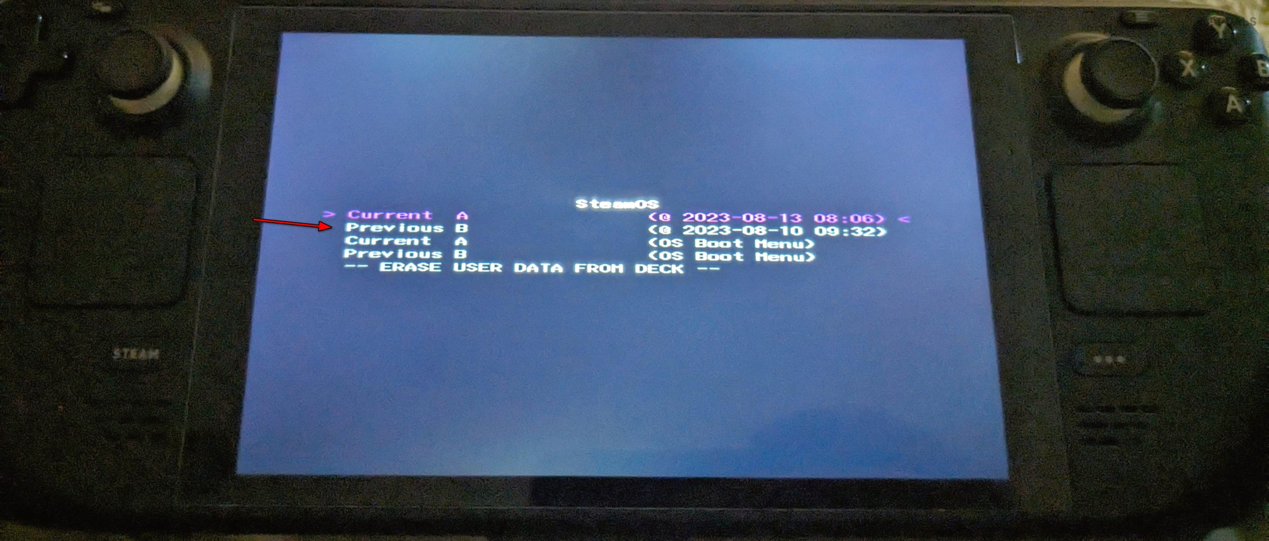 Select Previous in the Steam OS Boot Manager