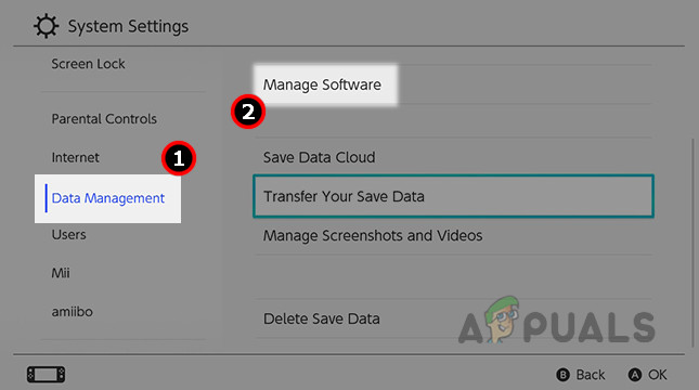 Open Manage Software in the System Settings of the Nintendo Switch