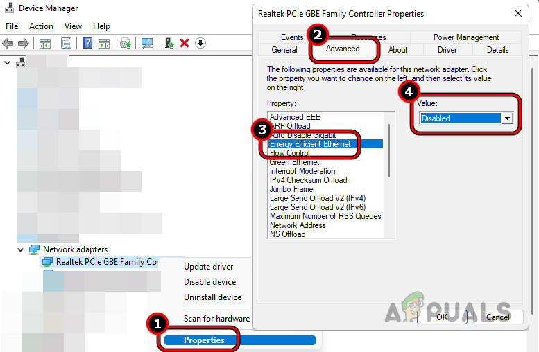 Disable Energy Efficient Ethernet in the Advanced Tab of the Network Card Properties