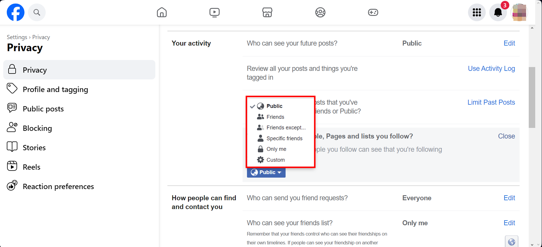 A drop down menu will appear with choices You can switch the setting from Public to Only me making your following list visible to just you