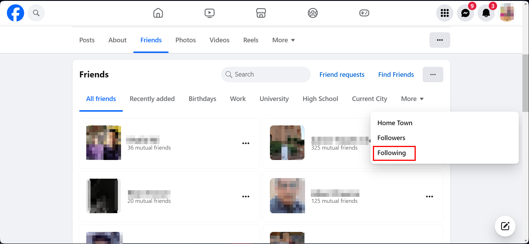 A list will appear choose the Following option listed as the third item