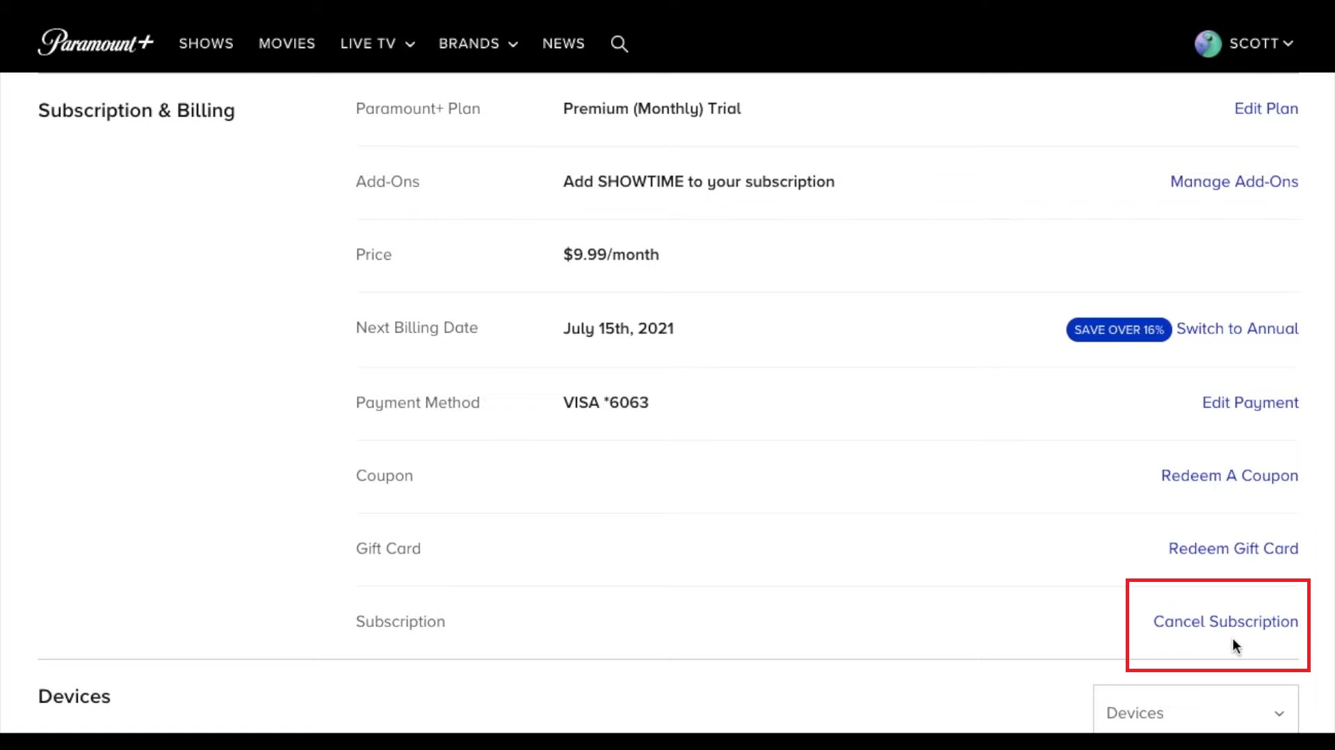 Choose Cancel Subscription