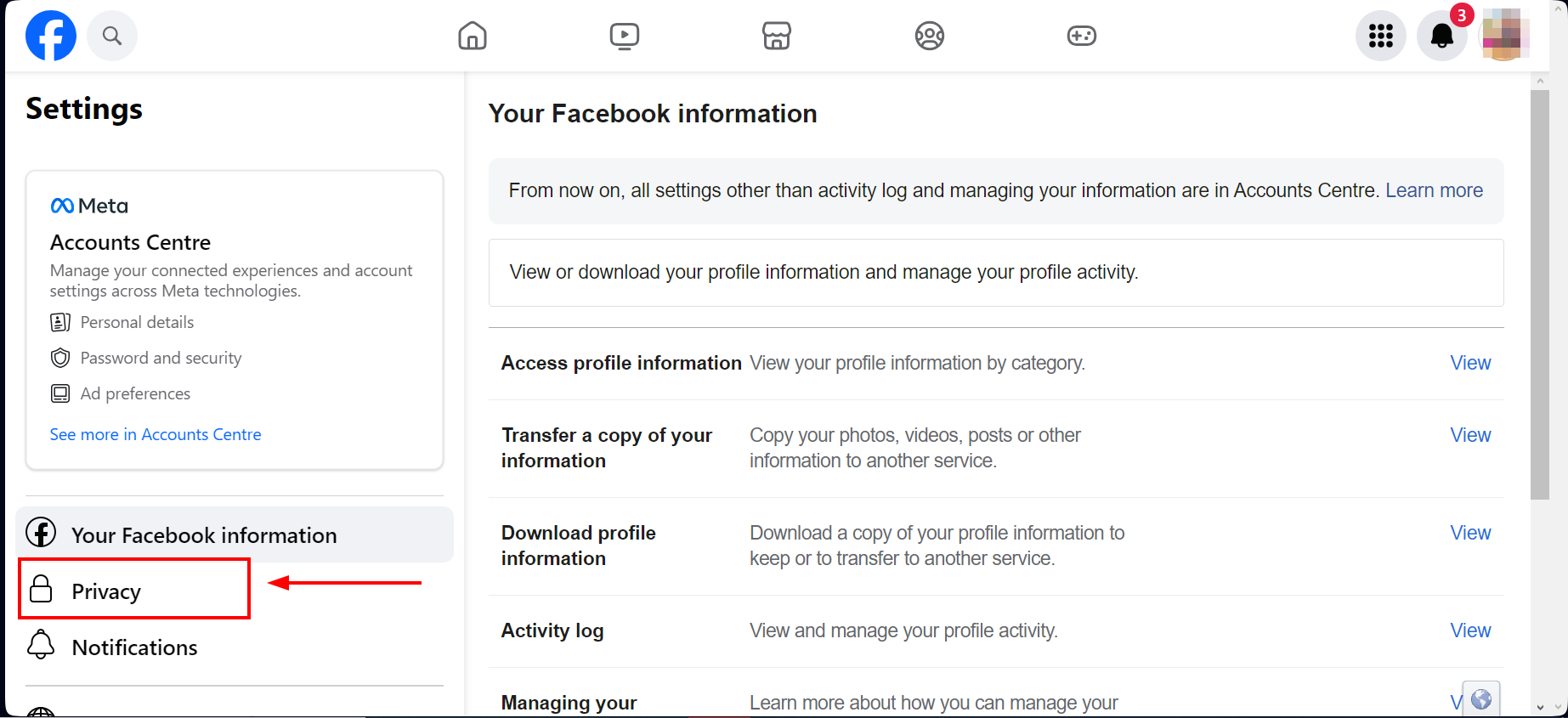 Choose Privacy from the menu on the left side of the screen