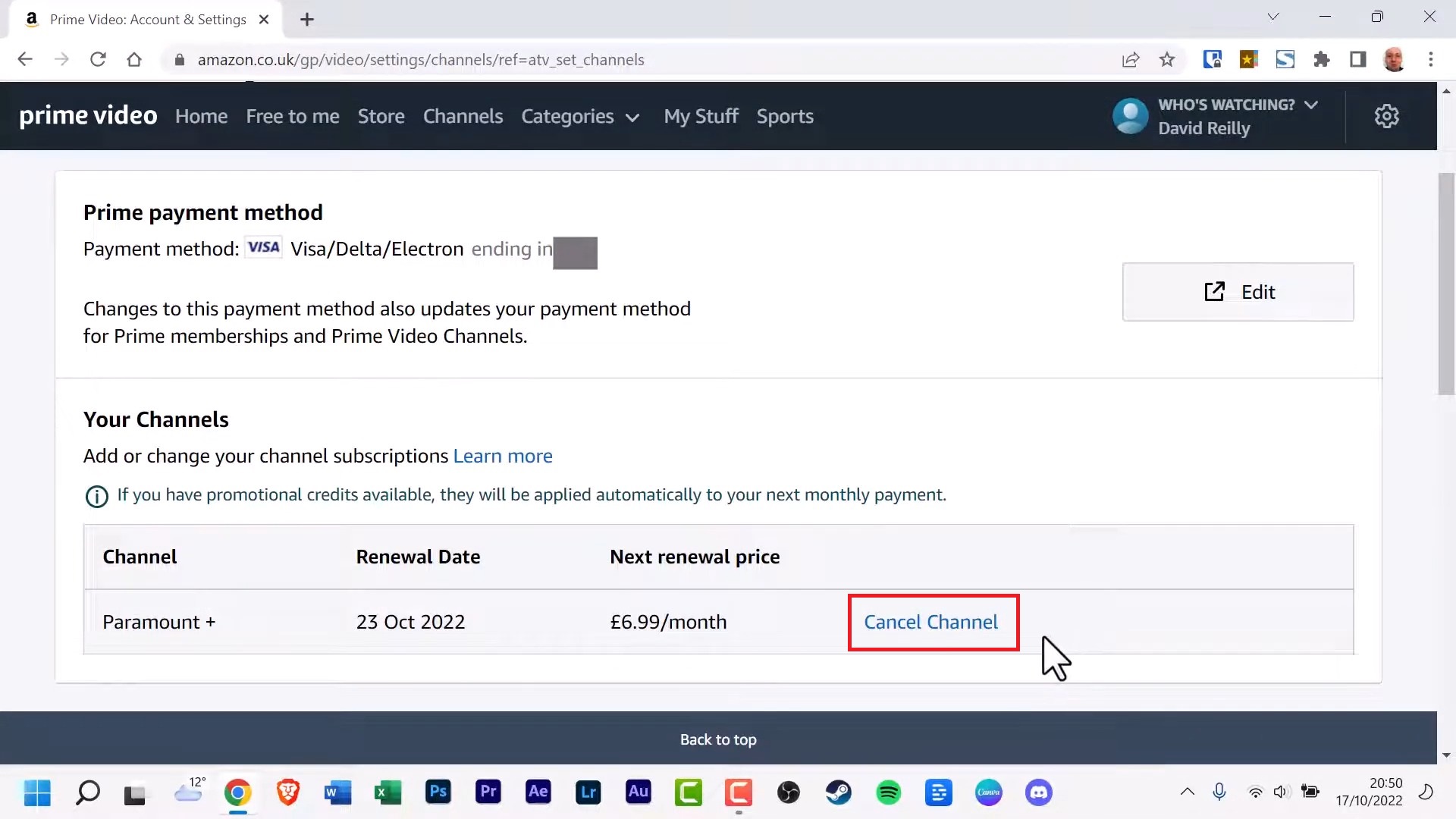 Find Paramount+ and Press the Cancel Channel button.