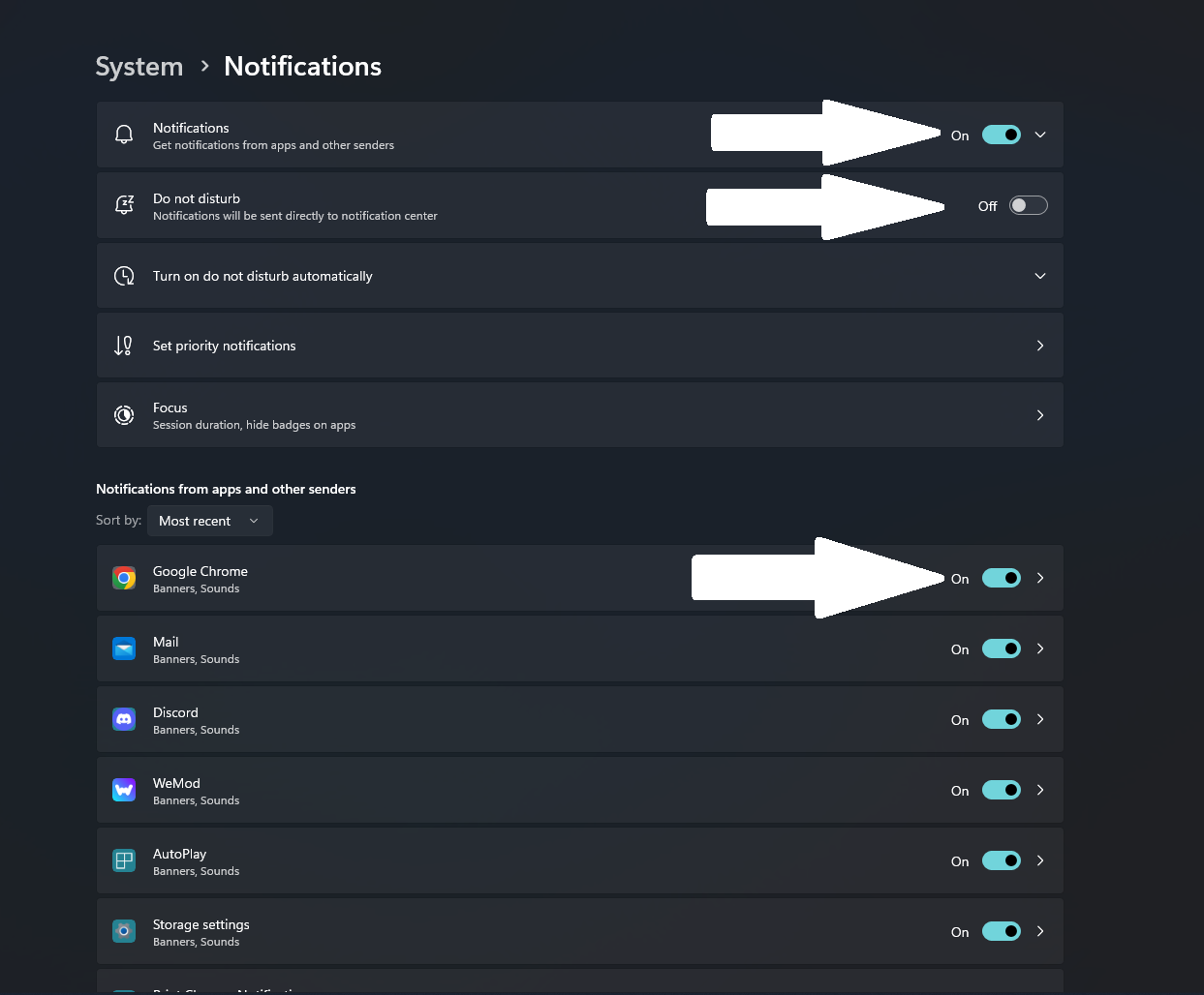 Windows DND and Notifications Options