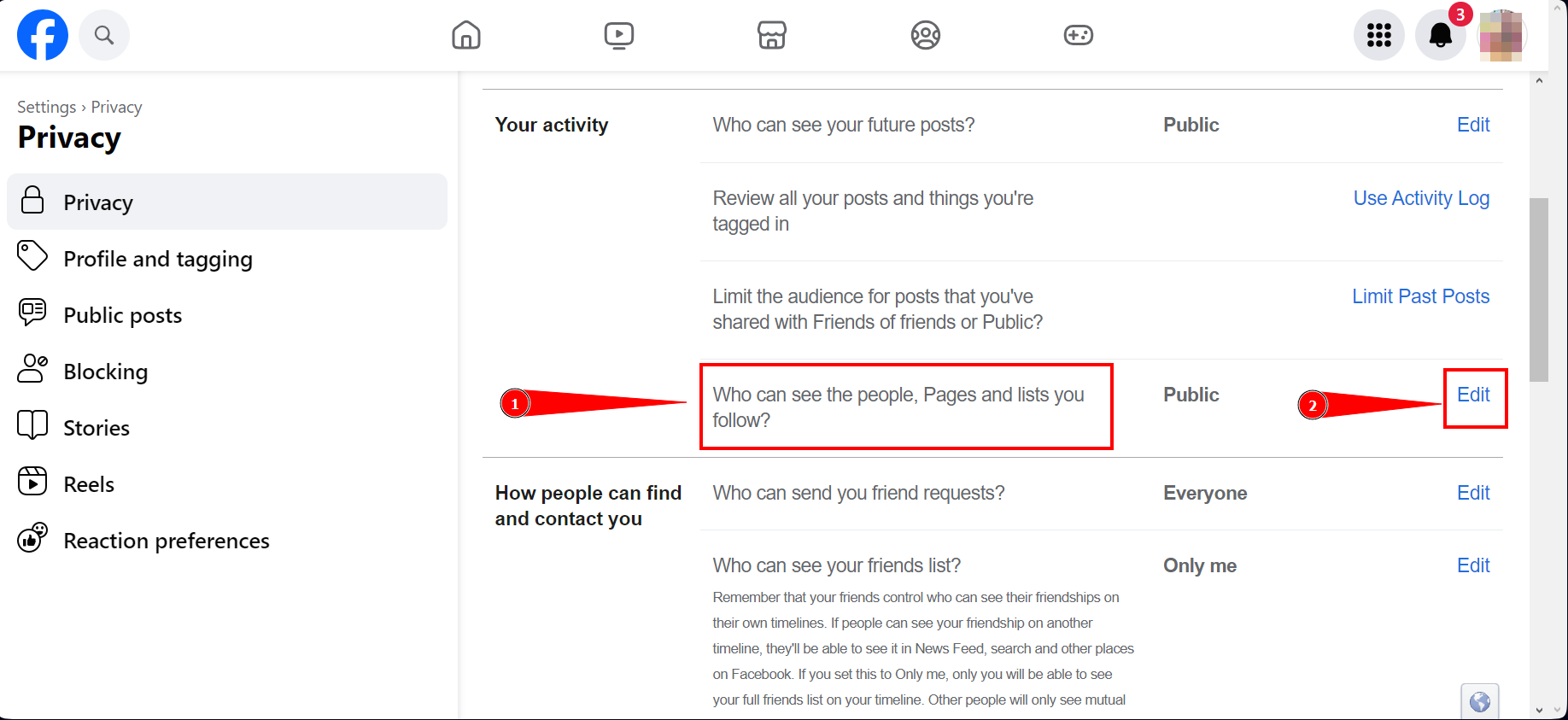 Scroll down and find Who can see the people Pages and lists you follow and click edit next to it