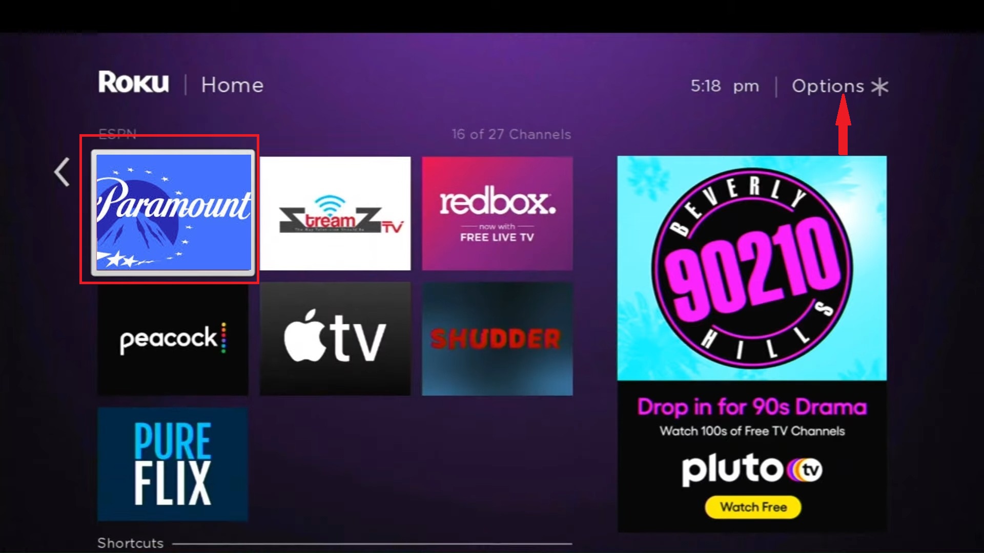 Select the Paramount+ channel and click the key on your Roku controller.