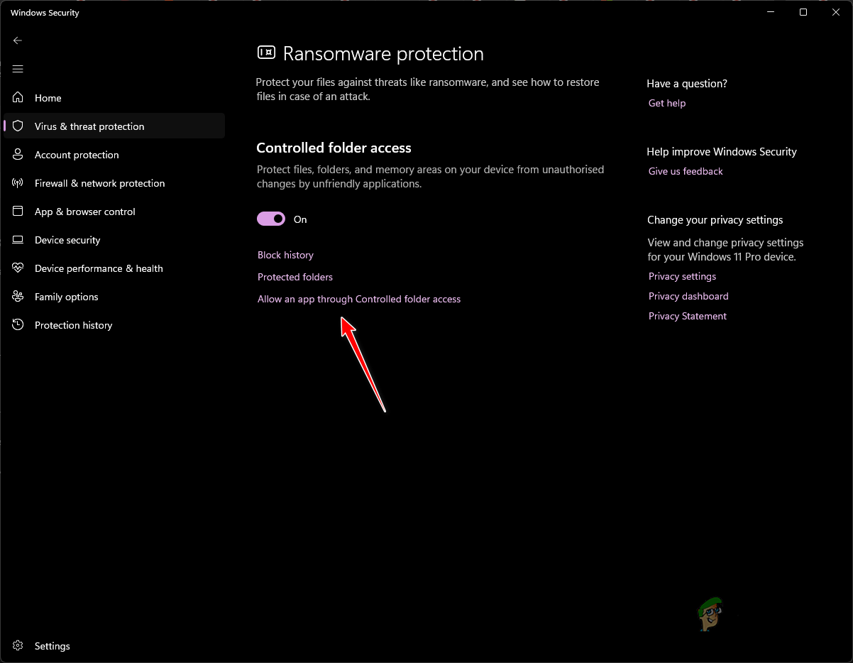Navigating to Allow an App Through Controlled Folder Access