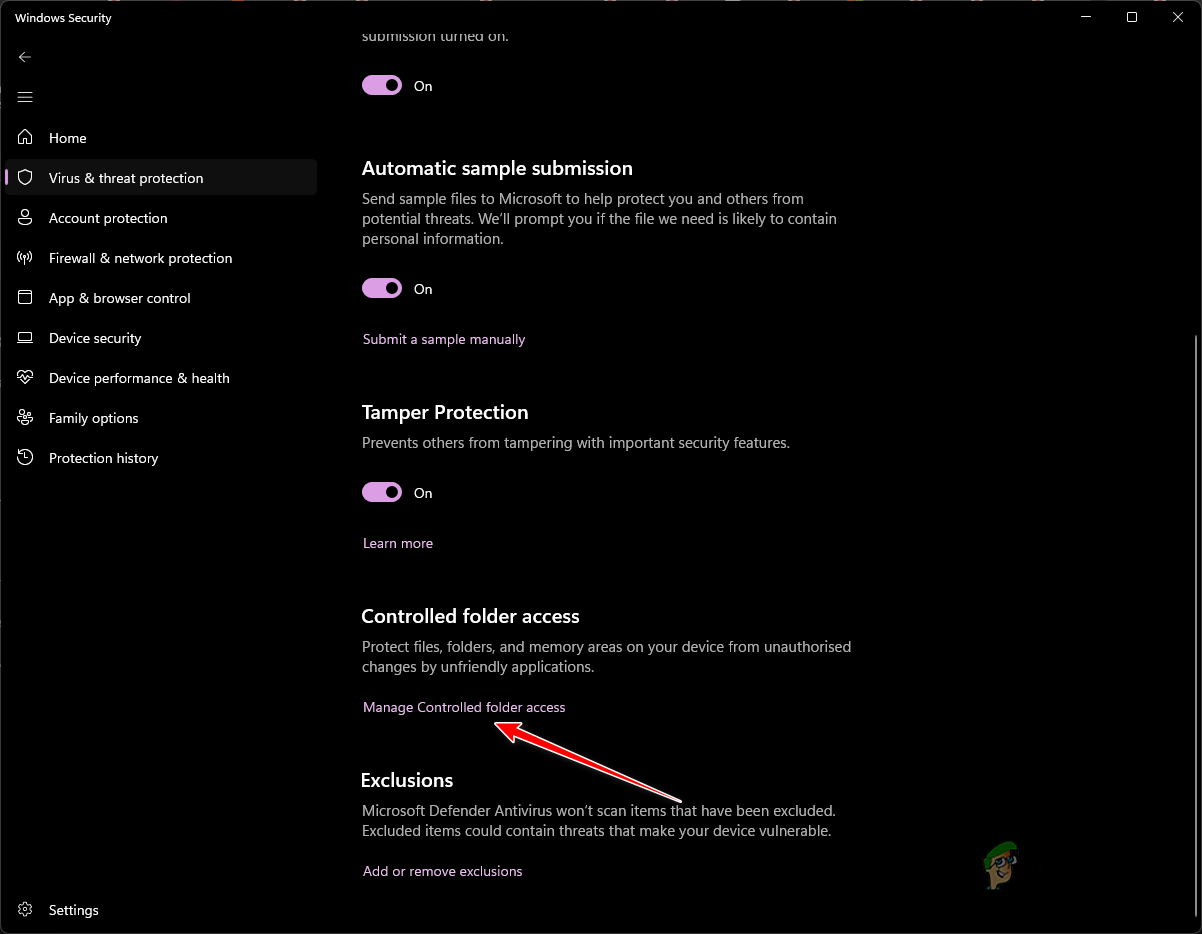 Navigating to Controlled Folder Access Settings