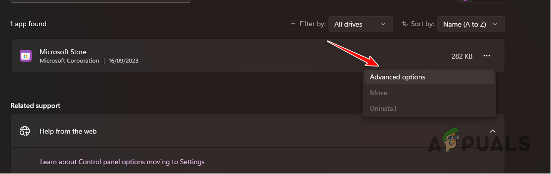 Opening Microsoft Store Advanced Options