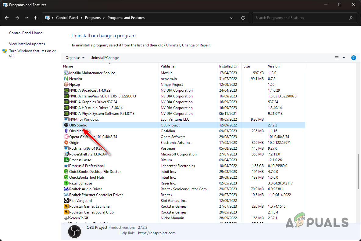Uninstalling OBS Studio