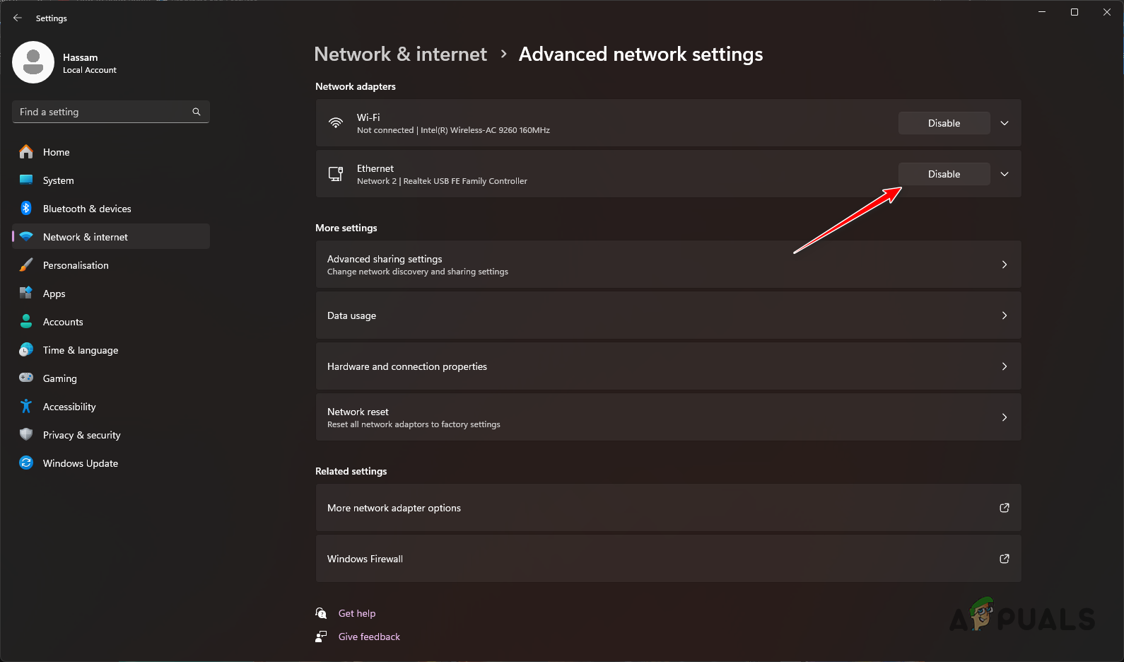 Disabling Network Adapter
