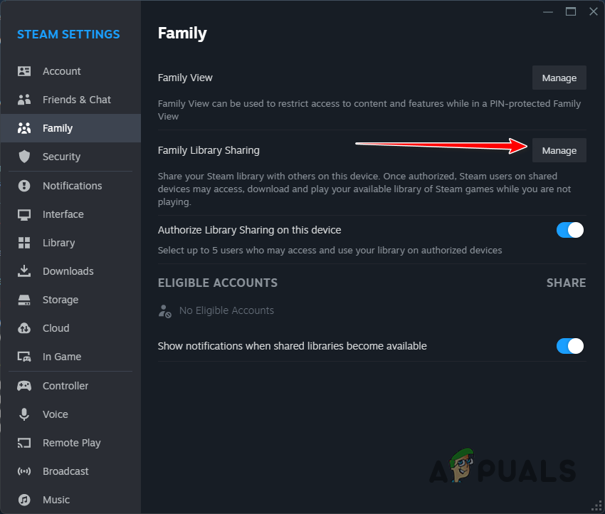 Navigating to Manage Family Library Sharing
