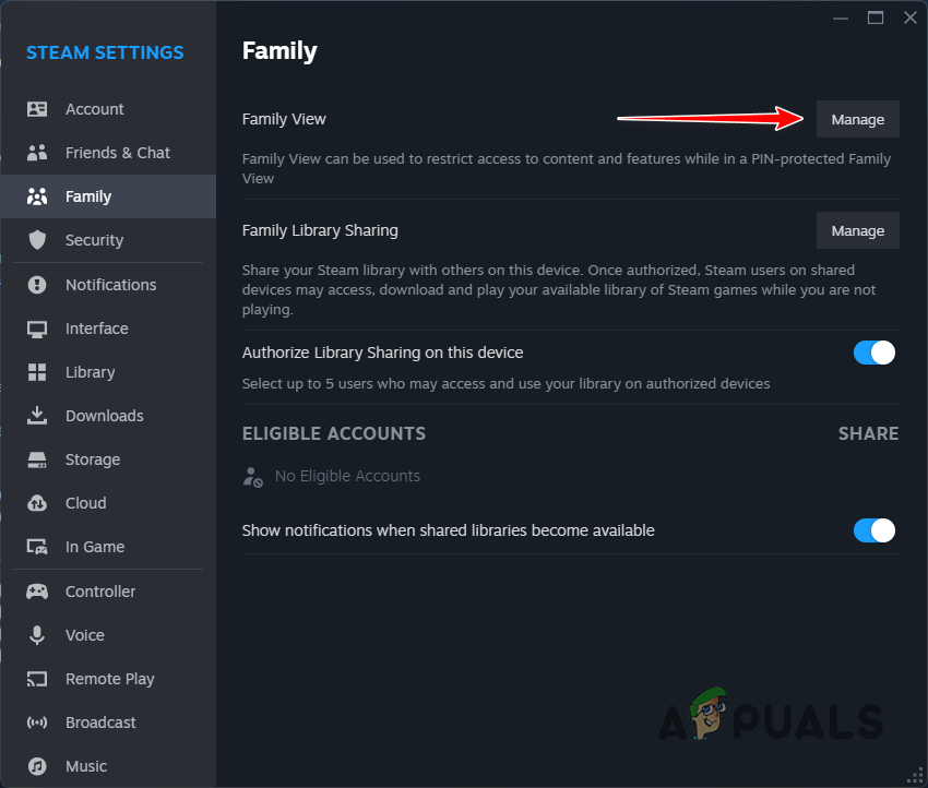 Navigating to Manage Family View