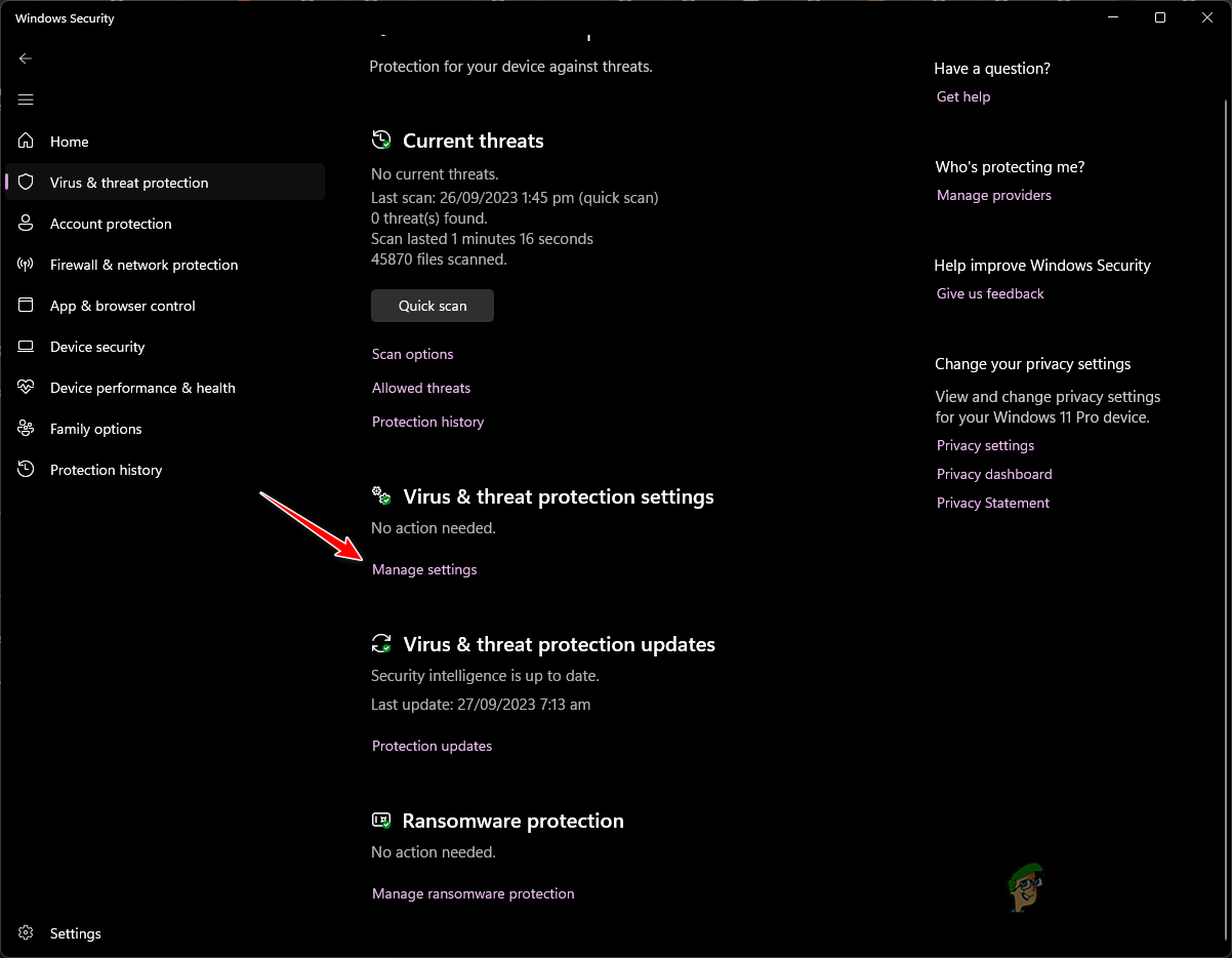 Navigating to Virus and Threat Settings