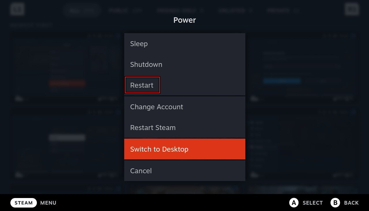 Restart the Steam Deck Through the Power Menu