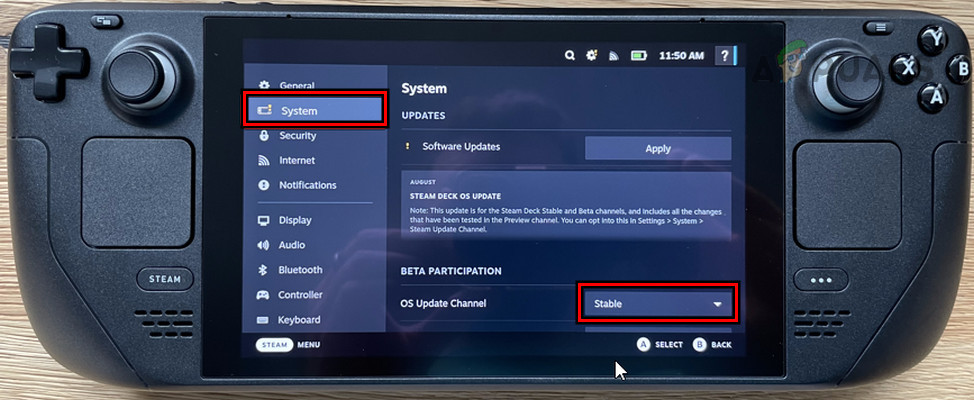Change the OS Update Channel to Stable for the Steam Deck