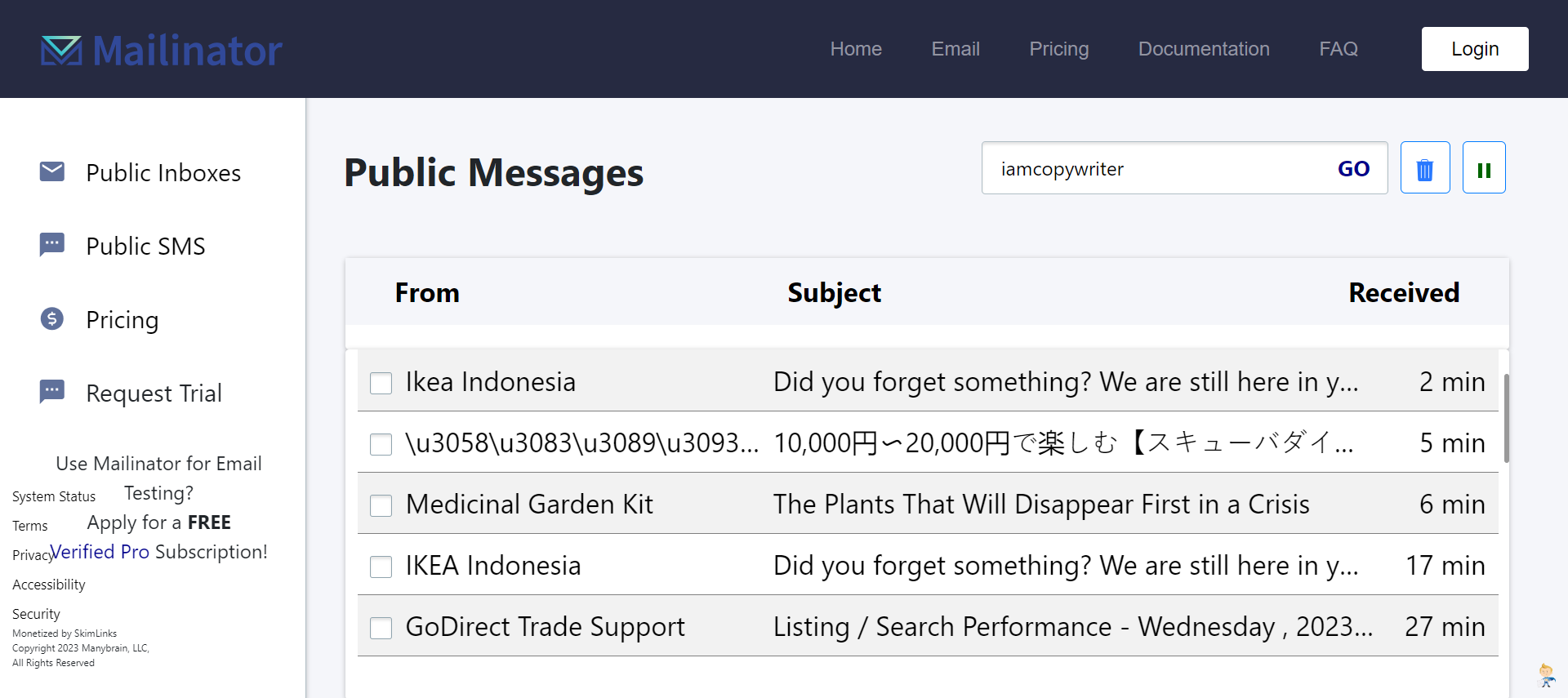 Check the emails received at your Mailinator address