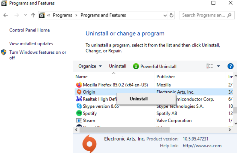 uninstall origin