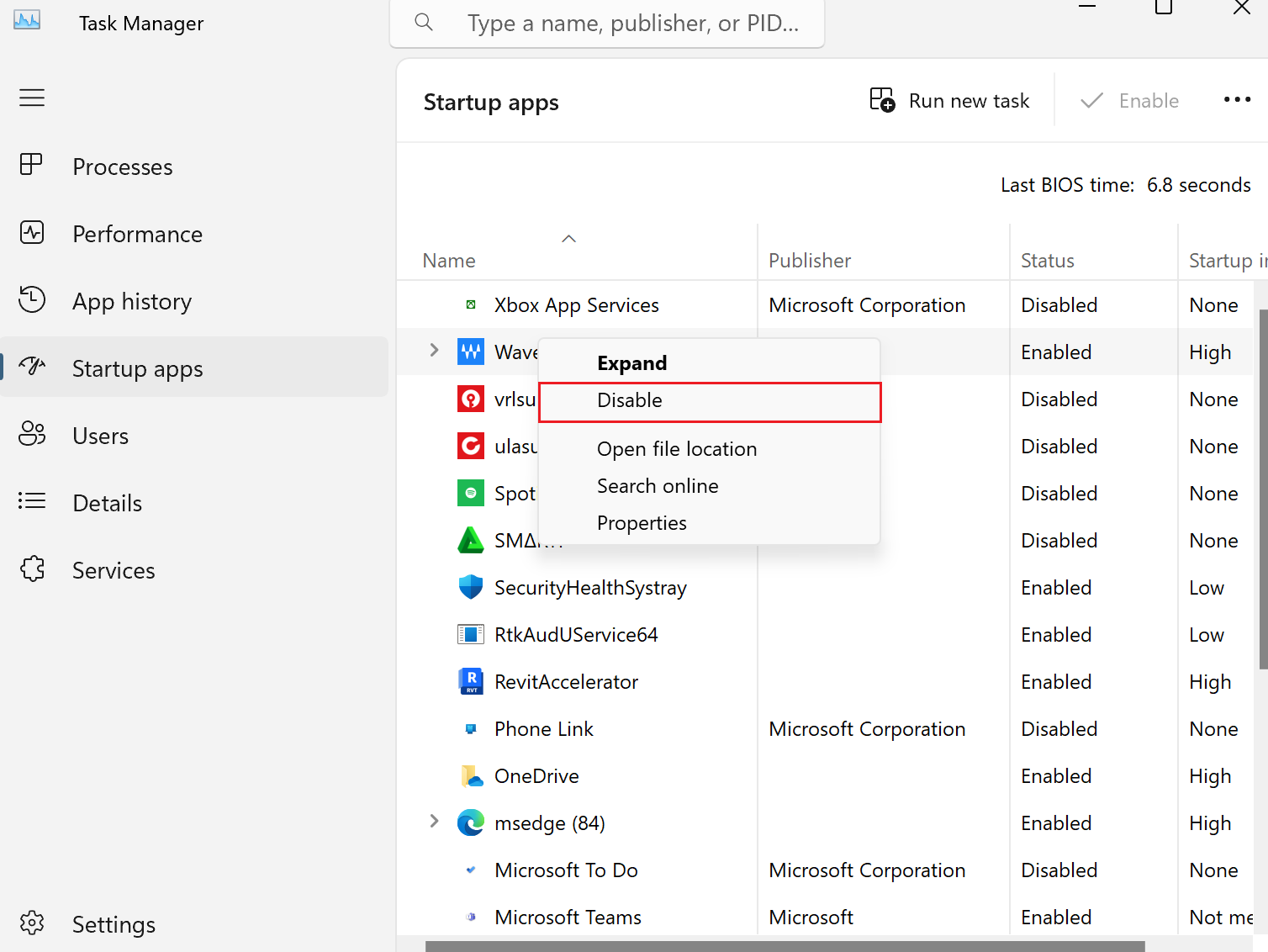 disable startup apps