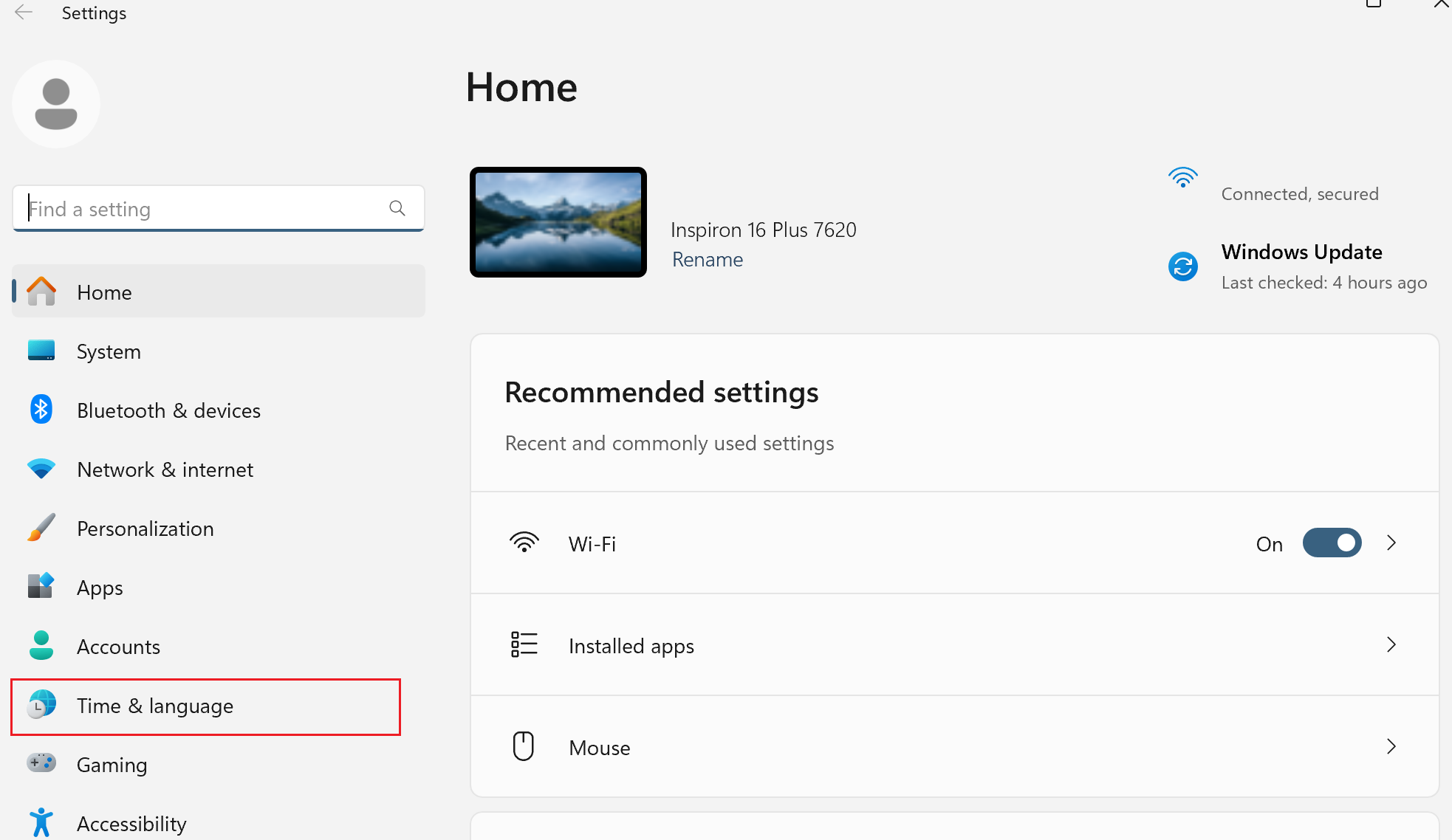 Time & Language in settings