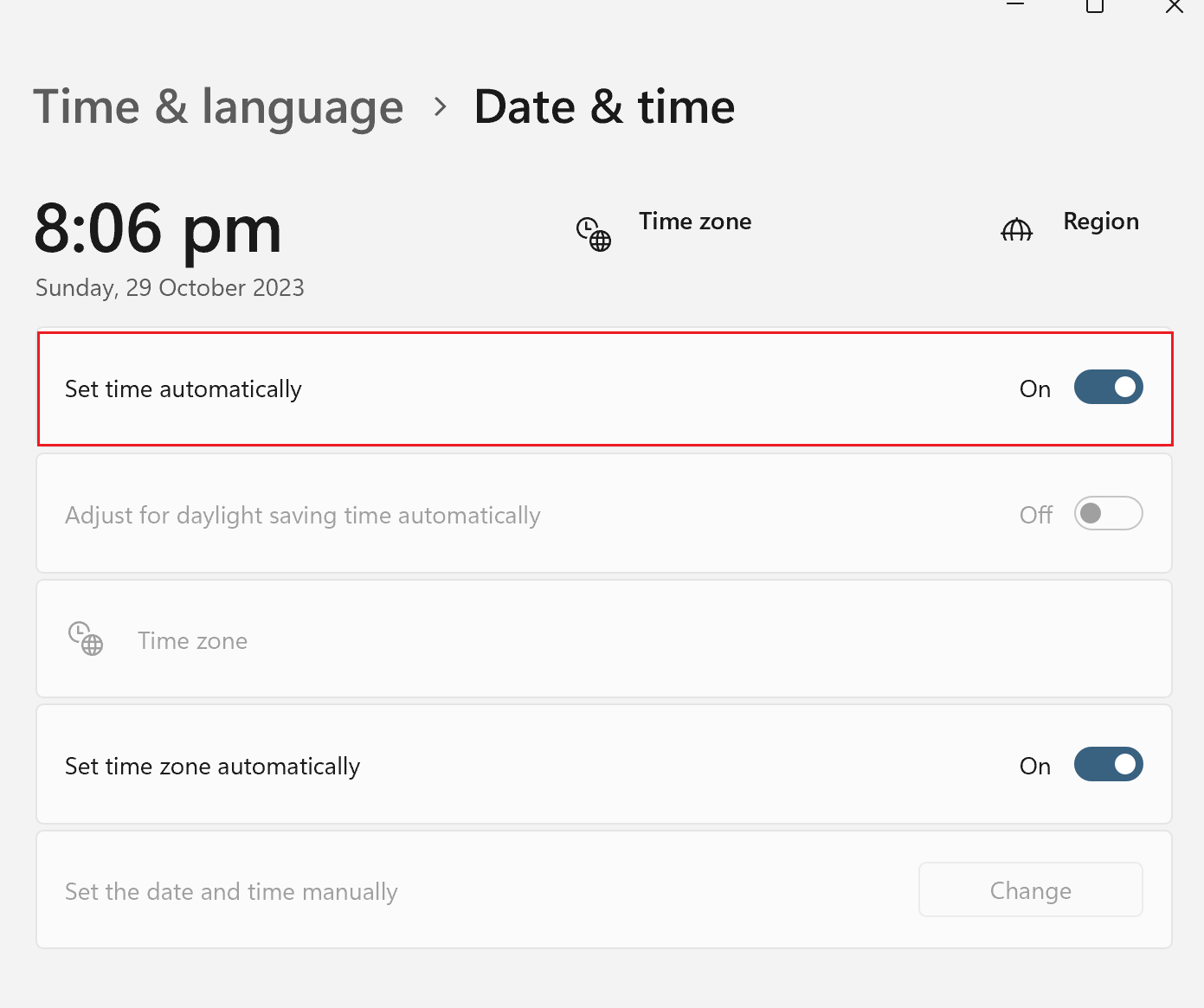 set time automatically in windows settings