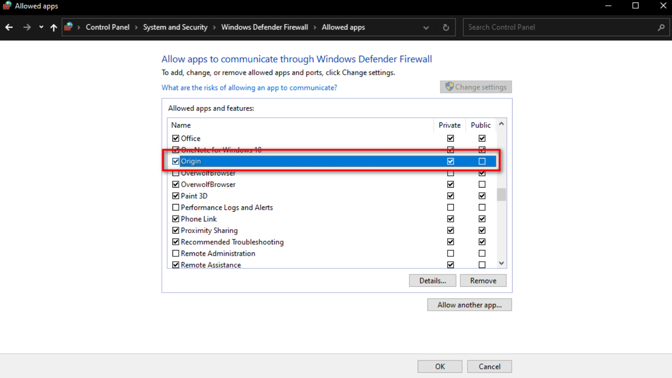 Origin in Control Panel Allowed Apps