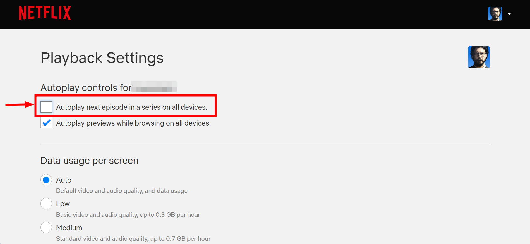 Select Autoplay next episodes in a series on all devices and uncheck it