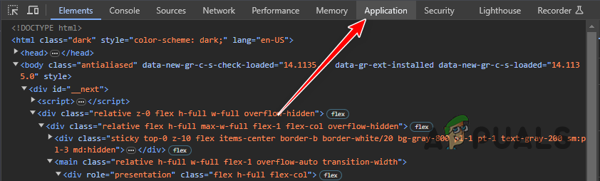 Navigating to Application tab