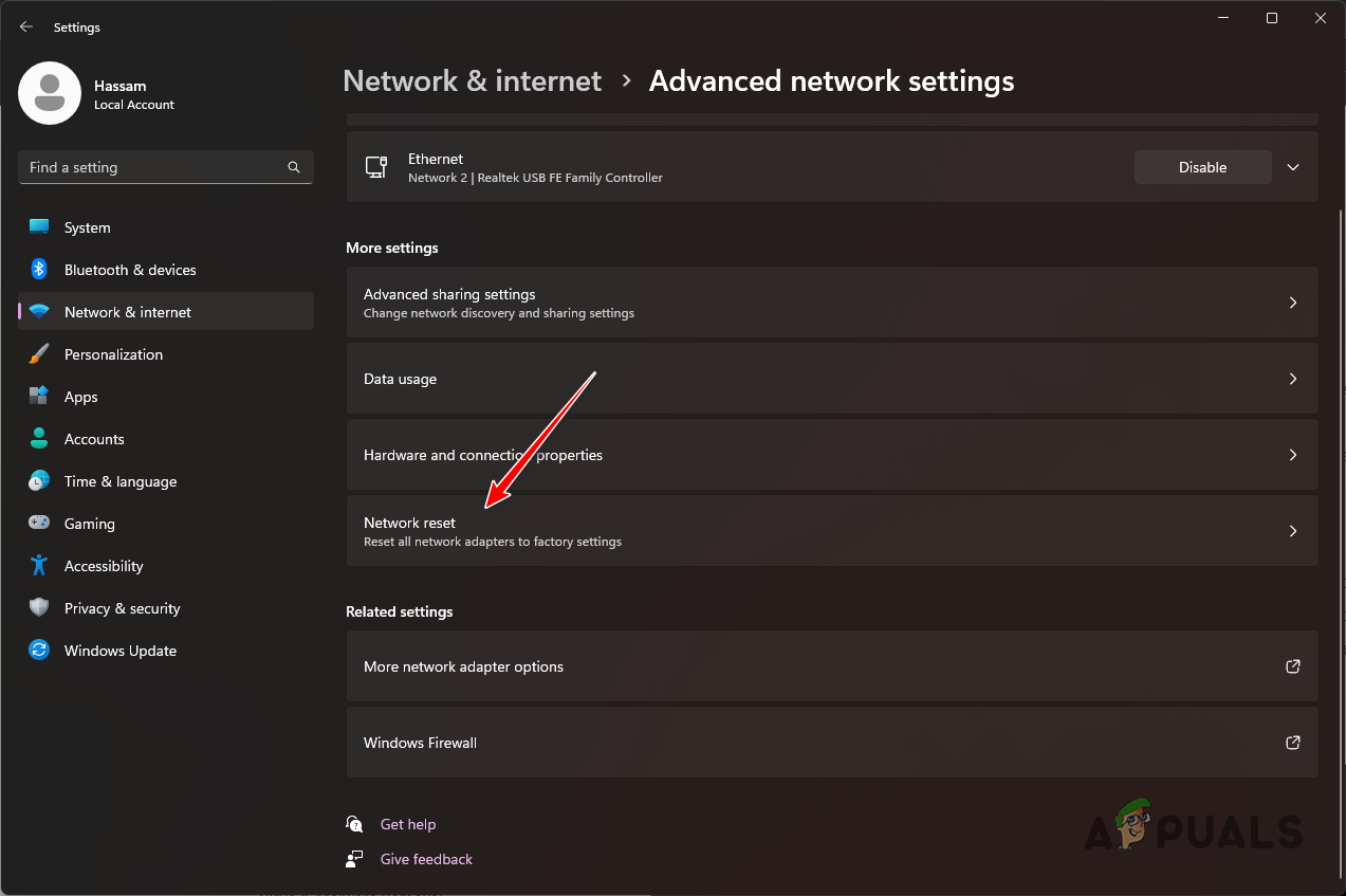 Navigating to Network Reset