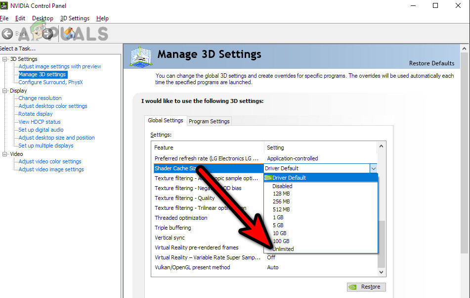 Change the Shader Cache Size to Unlimited in Nvidia Control Panel