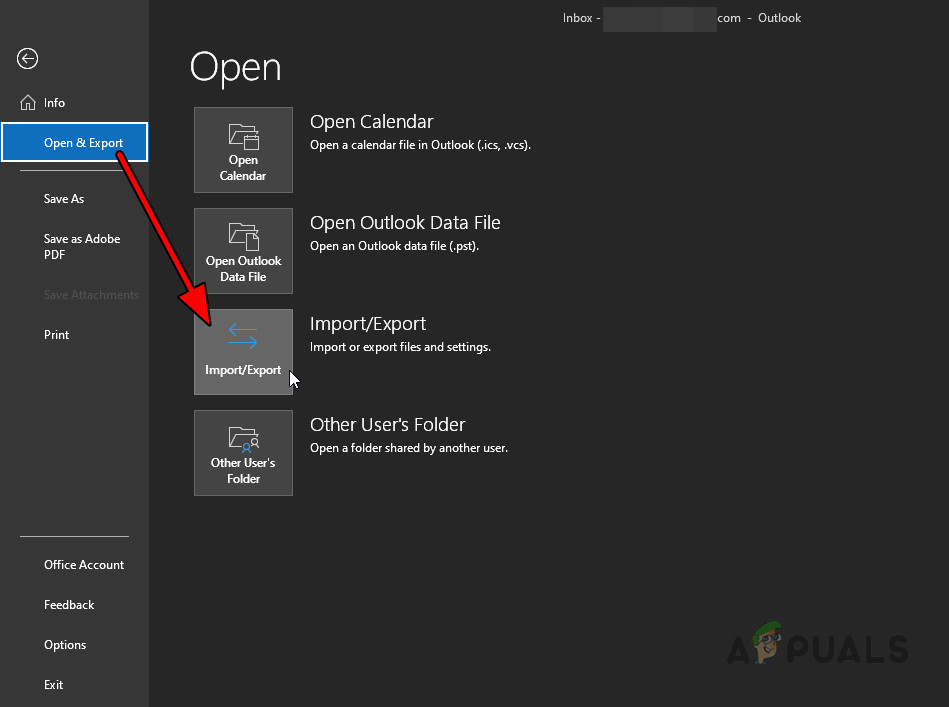 Open Import Export in the Open & Export Tab of Outlook